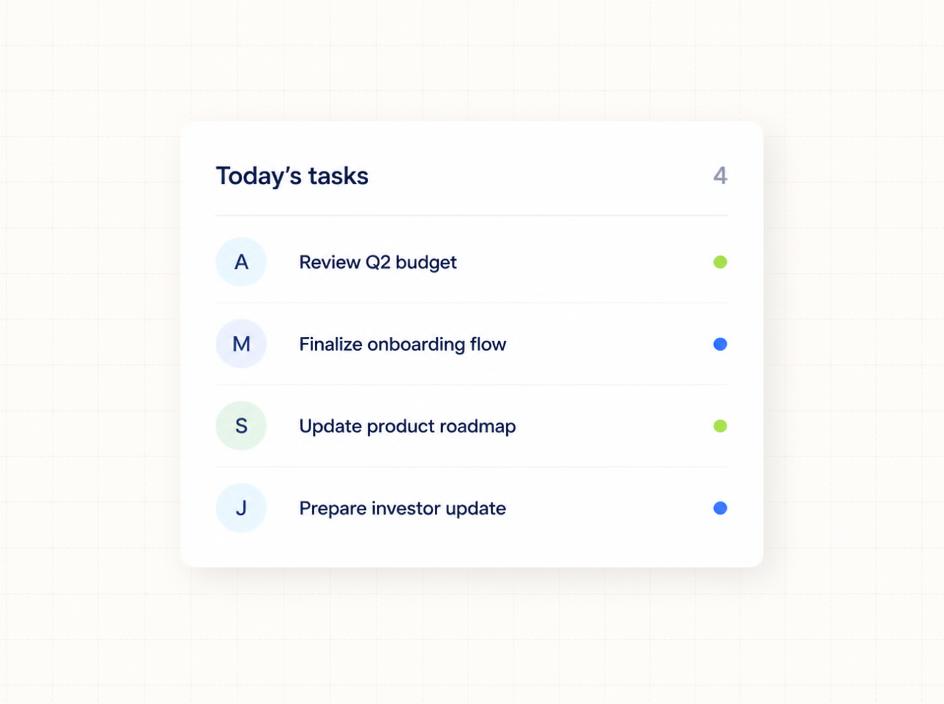 Launch tasks with owner chips and status dots for a small team.